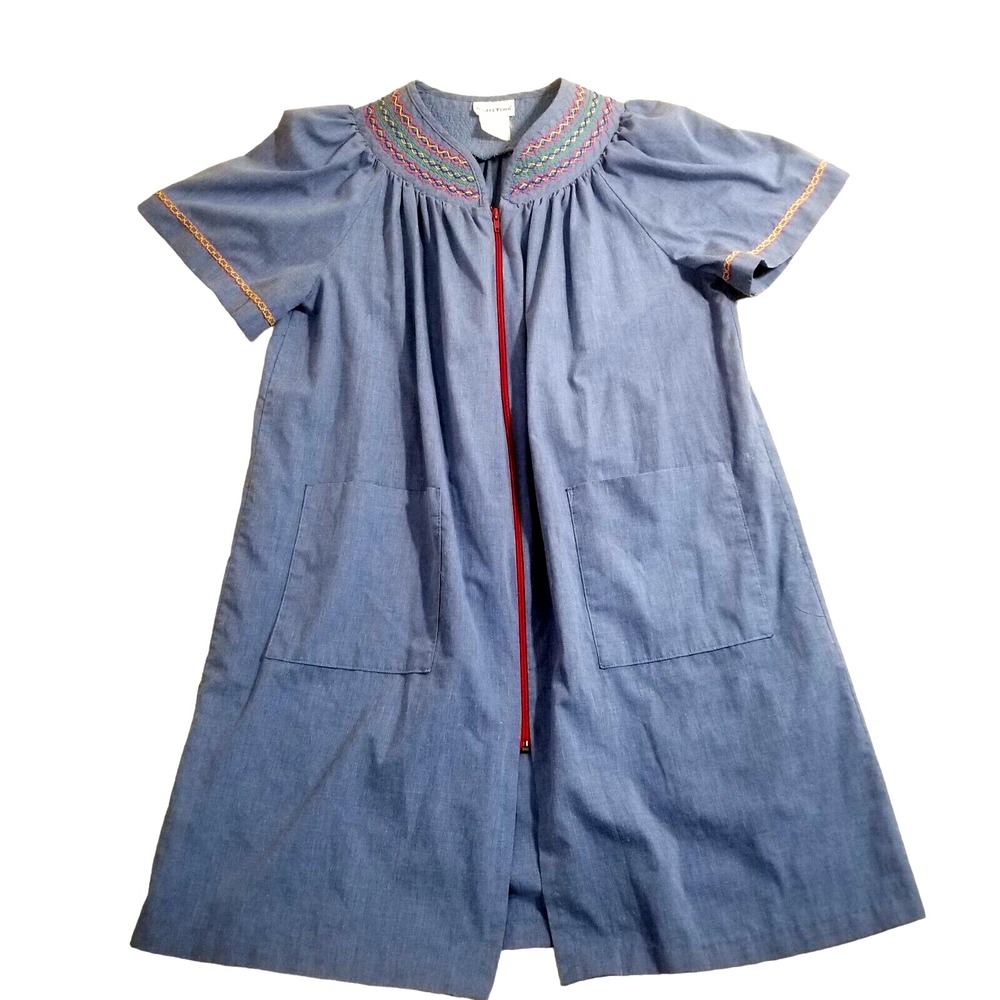 Smart Time Vtg House Dress 1X Mumu Full Zip Pockets Embroidered Lounge Duster - Picture 4 of 10